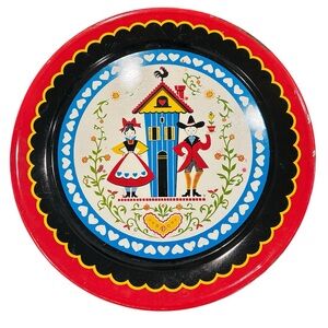 Vintage Christmas Serving Tray Pennsylvania Dutch 19" Platter Red  Hearts Tin